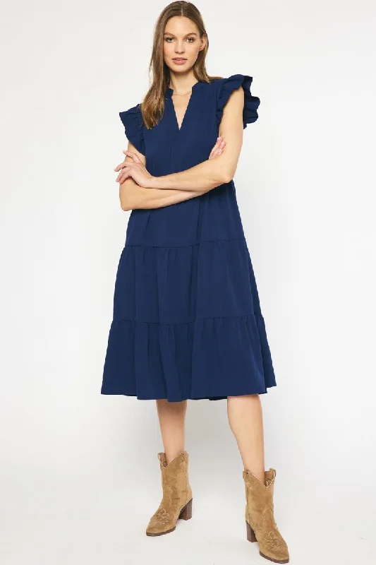 Ruffled Pocket Tiered Midi Dress, Navy