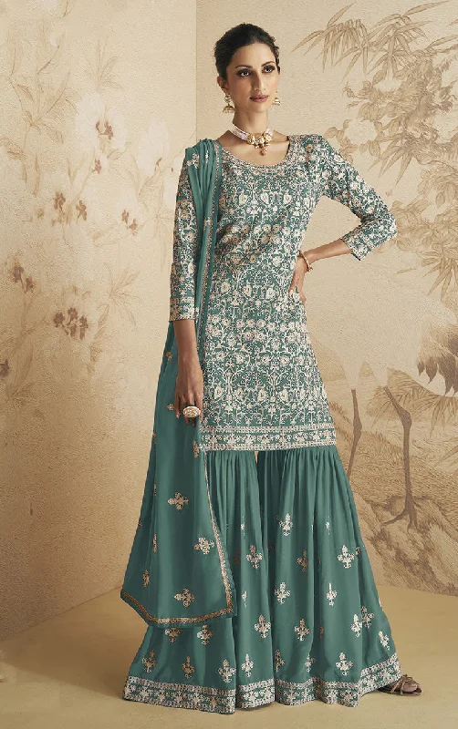 Women's Sea Green Embroidered Georgette Salwar Suit  - Monjolika