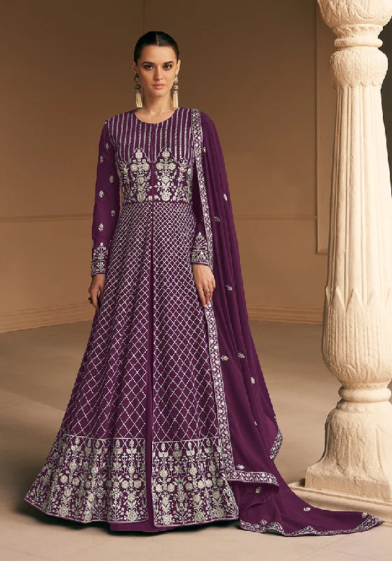 Women's Dark Purple Faux Georgette Semi Stitched Embroidered Anarkali Suit - Monjolika