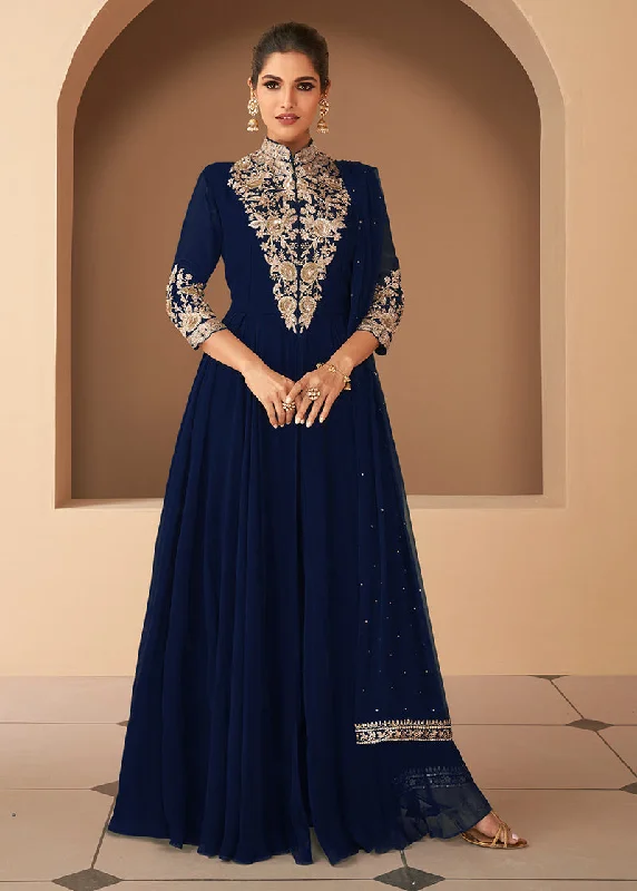 Women's Navy Blue Georgette Semi Stitched Embroidered Designer Suit - Monjolika