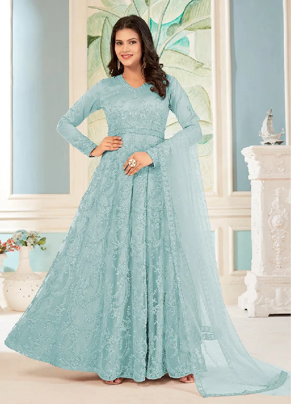 Women's Sky Blue Colour Soft Net Embroidered Partywear Salwar Kameez - Monjolika