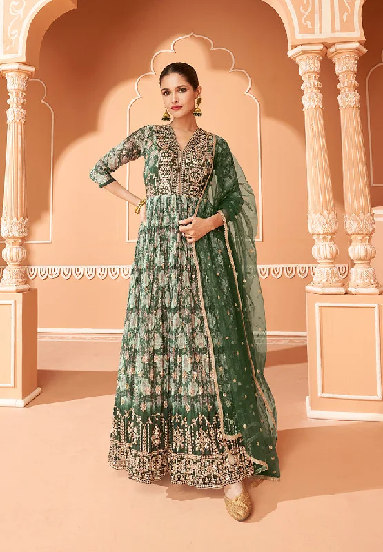 Women's Dark Green Color Printed Georgette Designer Partywear Suit - Monjolika