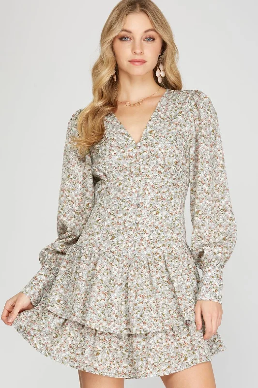 SEAFOAM FLORAL PRINT BUTTON DOWN CUFF LONG SLEEVES MINI DRESS SS8703