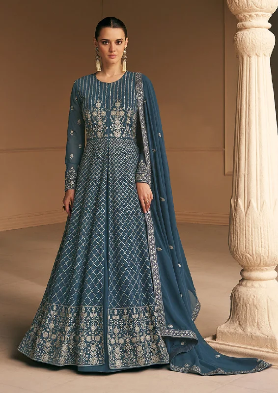 Women's Teal Blue Faux Georgette Semi Stitched Embroidered Anarkali Suit - Monjolika