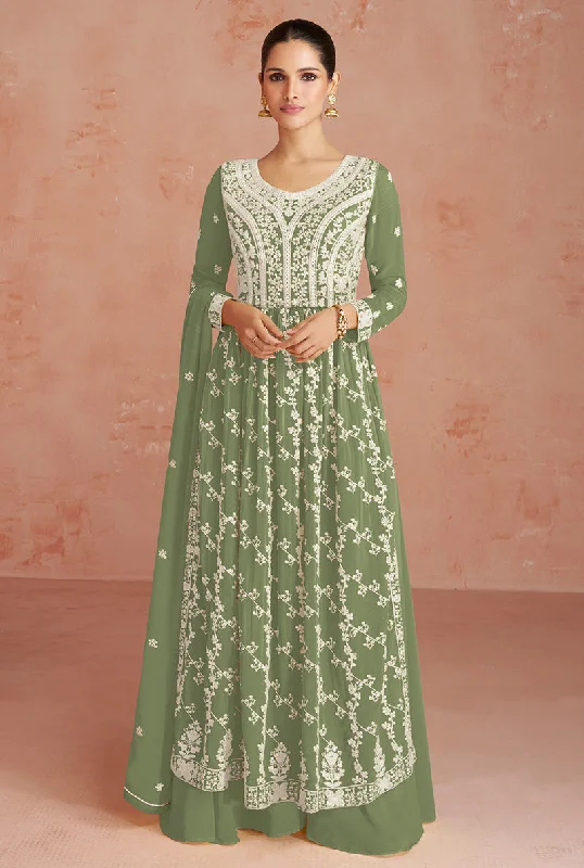 Women's Olive Color Faux Georgette Embroidered Semi Stitched Palazzo Suit - Monjolika