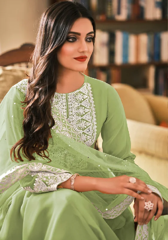 Women's Light Green Embroidered Georgette Sharara Salwar Kameez - Monjolika