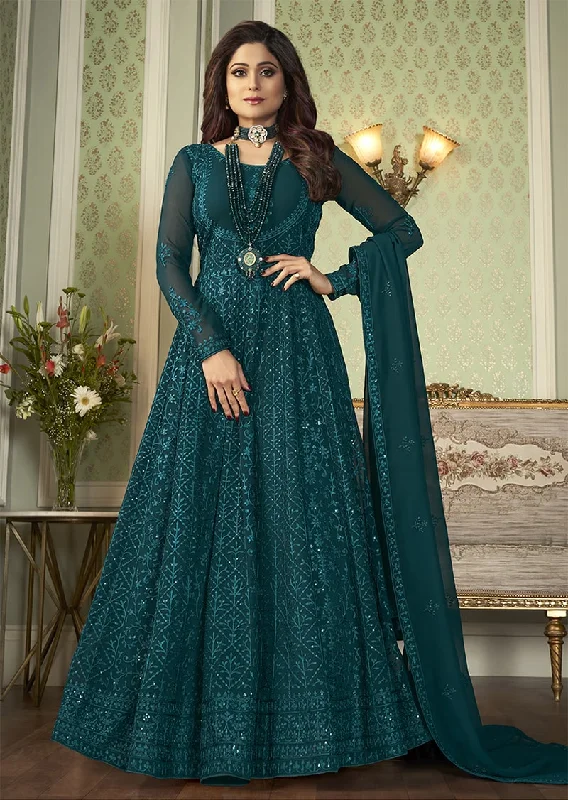 Women's Dark Aqua Blue Designer Georgette Anarkali Salwar Suit  - Monjolika