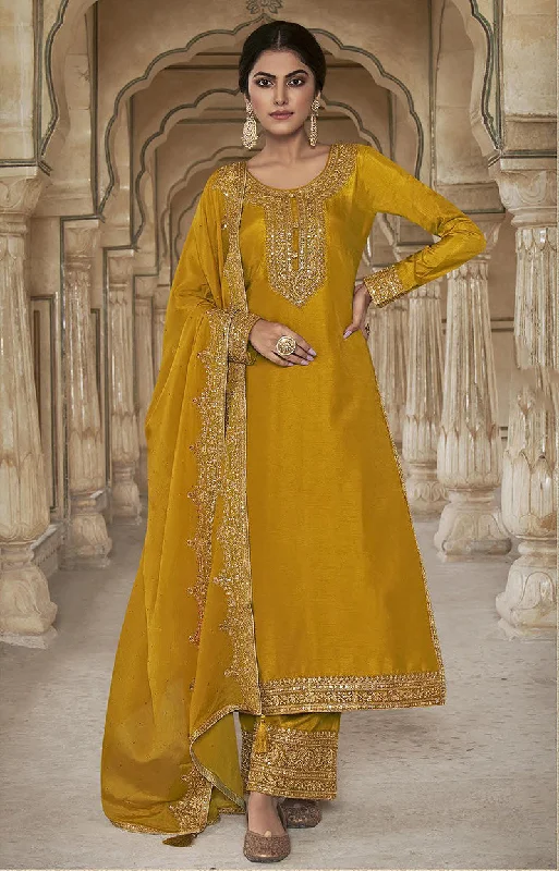 Women's Mustard Color Dola Silk Semi Stitched Embroidered Designer Suit - Monjolika