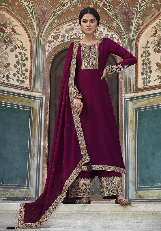 Women's Wine Color Dola Silk Semi Stitched Embroidered Designer Suit - Monjolika