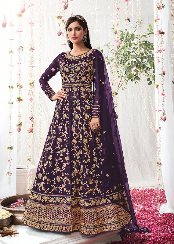 Women's Dark Violet Soft Net Semi Stitched Embroidered Wedding Dress - Monjolika