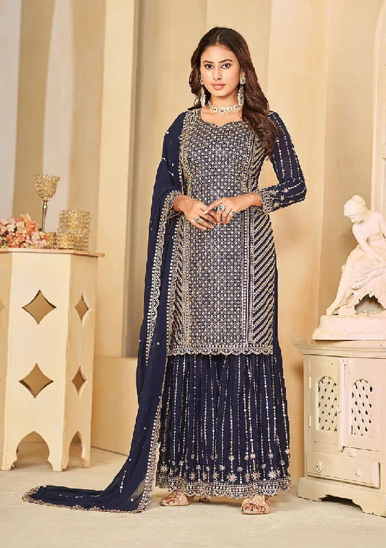 Women's Navy Blue Embroidered Faux Georgette Salwar Suit - Monjolika