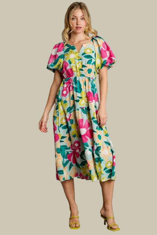 Floral Balloon Sleeve Midi Dress, Mint