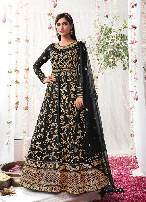 Women's Black Soft Net Semi Stitched Embroidered Wedding Dress - Monjolika