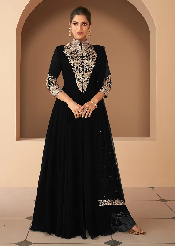 Women's Black Georgette Semi Stitched Embroidered Designer Suit - Monjolika