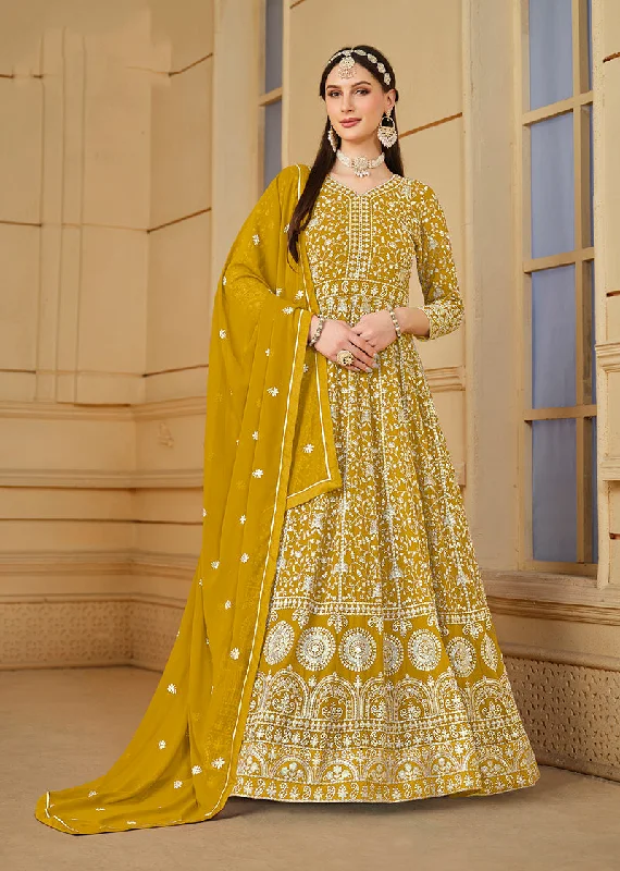 Women's Faux Georgette Mustard Anarkali Salwar Kameez - Monjolika