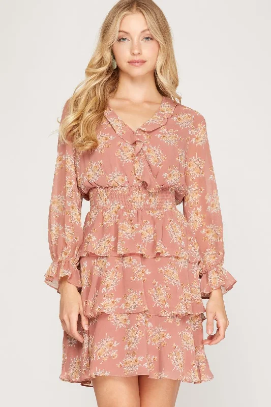 ROSE FLORAL PRINT SMOCKED TIERED LONG SLEEVES MINI DRESS SS7997