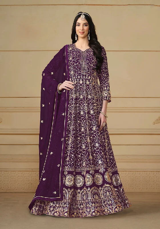 Women's Faux Georgette Embroidered Purple Anarkali Salwar Suit - Monjolika