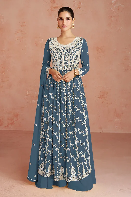 Women's Light Teal Blue Color Viscose Jaquard Embroidered Semi Stitched Salwar Suit - Monjolika