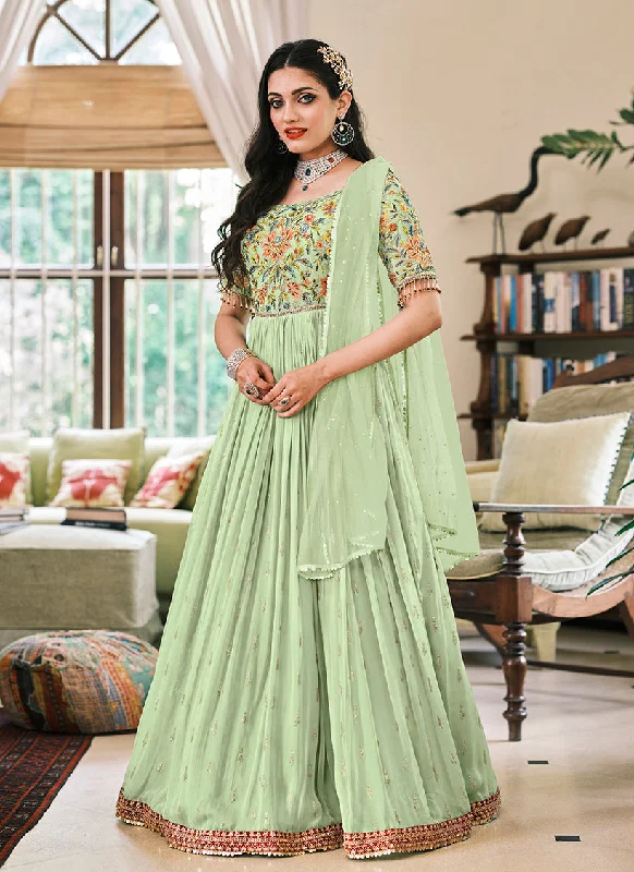 Women's Pistachio Green Georgette Embroidered Anarkali Salwar Suit  - Monjolika