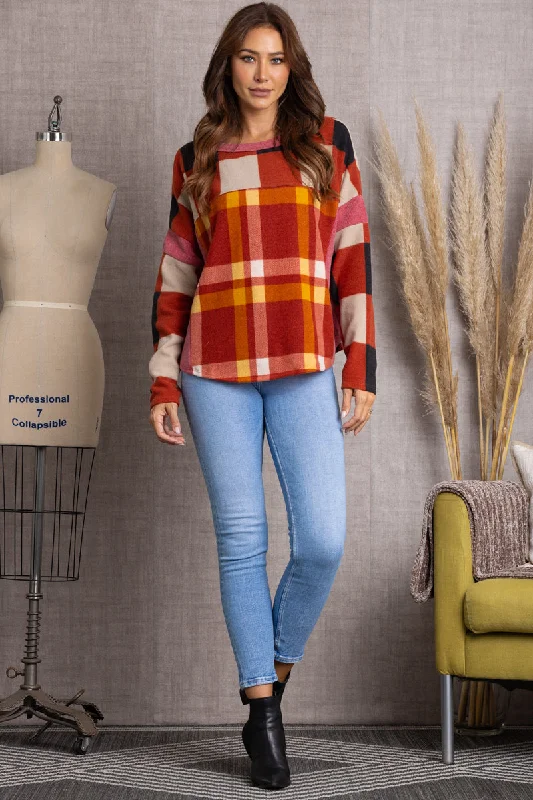 RUST MULITICOLOR PLAID LONG SLEEVES SWEATER TJ10939PA