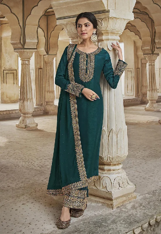 Women's Dark Teal Color Dola Silk Semi Stitched Embroidered Designer Suit - Monjolika