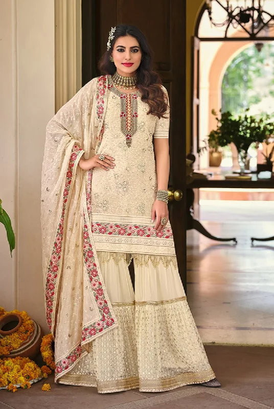 Women's Georgette Designer Salwar Kameez In Cream  - Monjolika