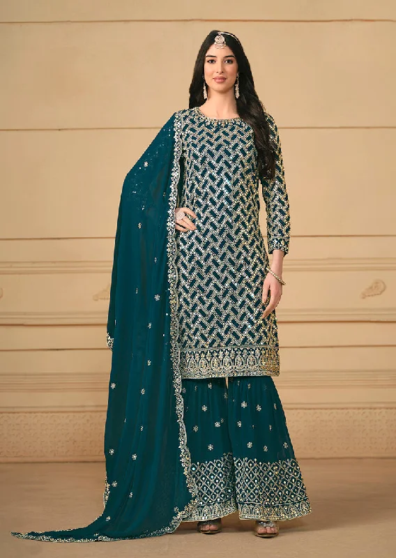 Women's Teal Georgette Embroidered Designer Salwar Suit - Monjolika