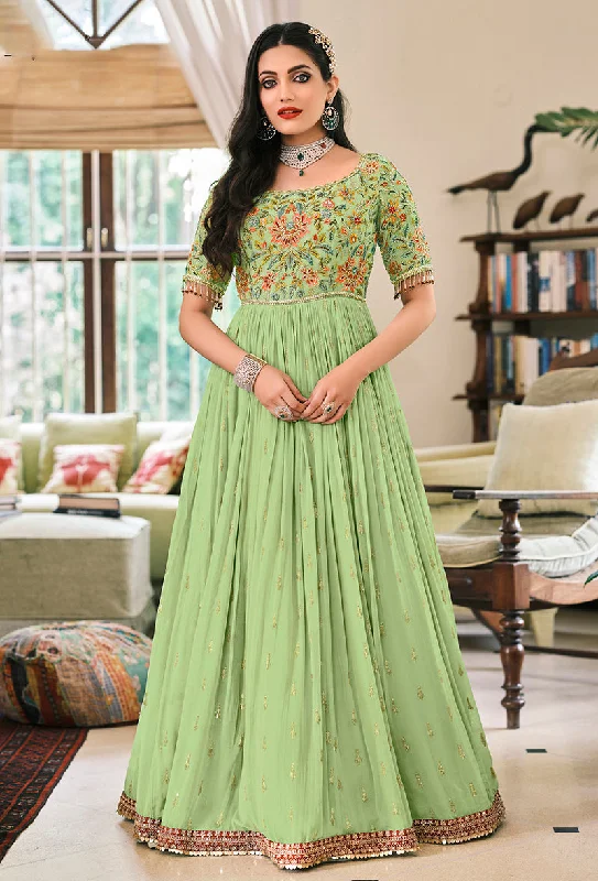 Women's Light Green Georgette Embroidered Anarkali Salwar Suit  - Monjolika