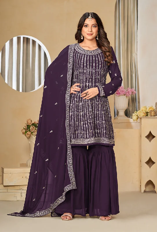 Women's Embroidered Purple Faux Georgette Trendy Salwar Kameez - Monjolika