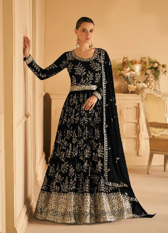 Women's Black Color Georgette Embroidered Stitched Partywear Suit - Monjolika