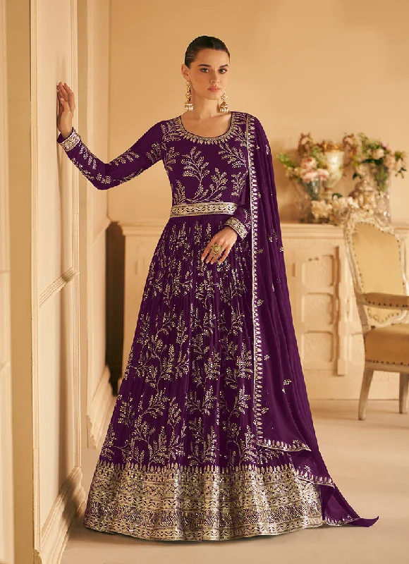 Women's Dark Purple Color Georgette Embroidered Stitched Partywear Suit - Monjolika