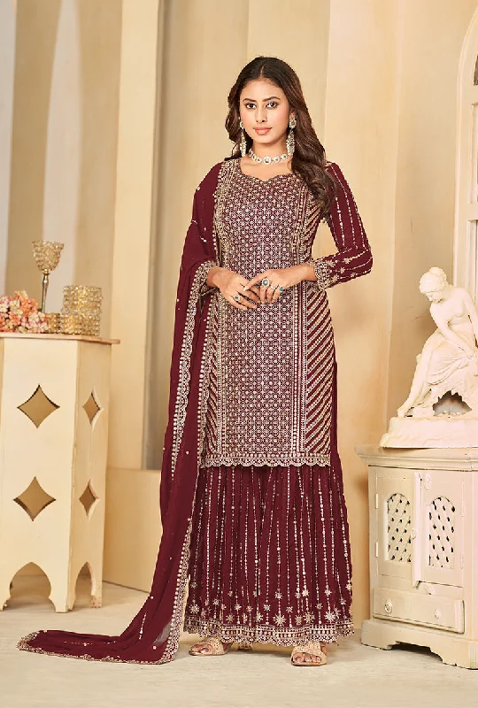 Women's Maroon Embroidered Faux Georgette Salwar Suit - Monjolika