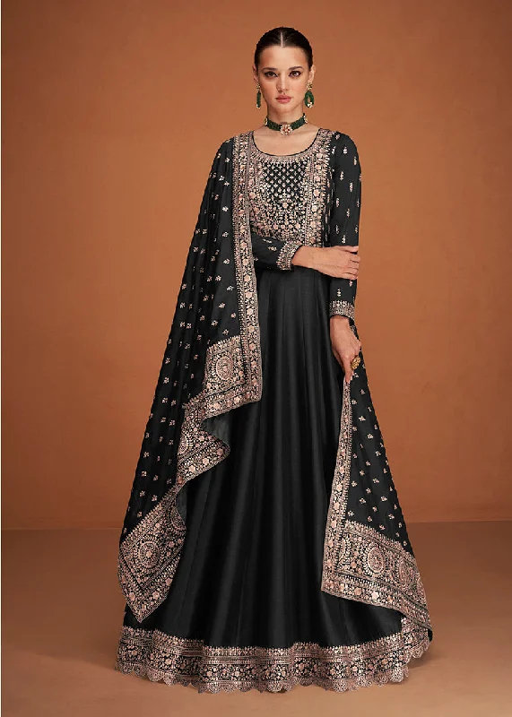 Women's Black Color Pure Silk Embroidered Stitched Anarkali Suit - Monjolika