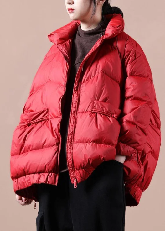 Fine Loose fitting snow jackets zippered Jackets red stand collar goose Down jackets