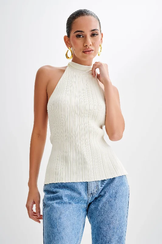 Laila Longline Halter Rib Knit Top - Ivory Marle