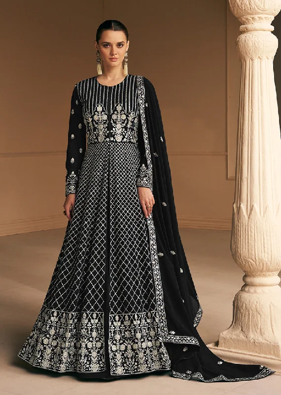 Women's Black Faux Georgette Semi Stitched Embroidered Anarkali Suit - Monjolika