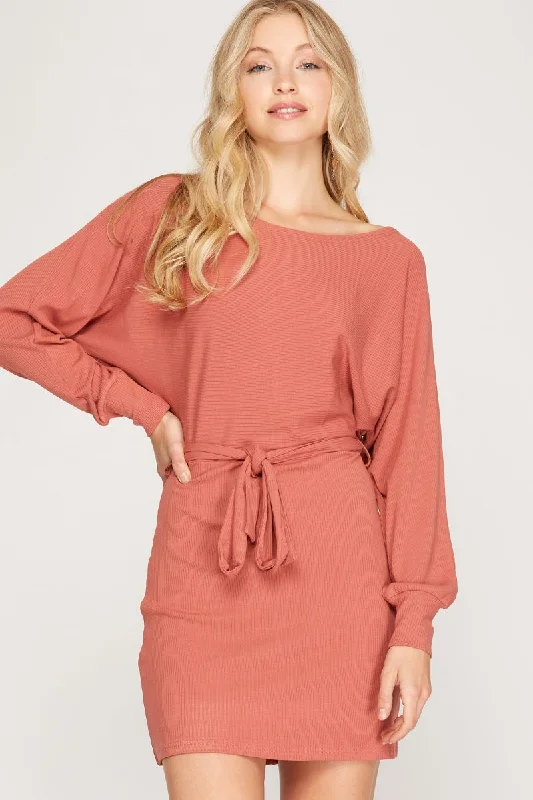 CINNAMON RIB KNIT DOLMAN LONG SLEEVES SASH WAIST MINI DRESS SS6213