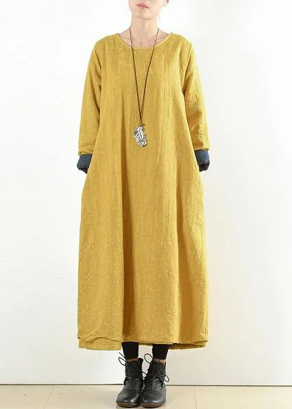 Unique yellow cotton clothes Women thick warm  Maxi o neck Dresses