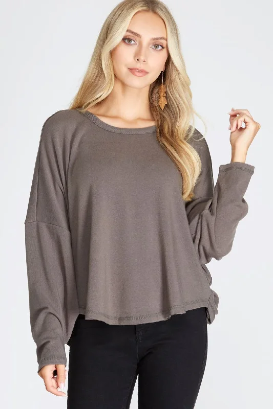 ASH GREY BATWING LONG SLEEVES BACK NECK STRAP DETAIL KNIT TOP S8SS7759