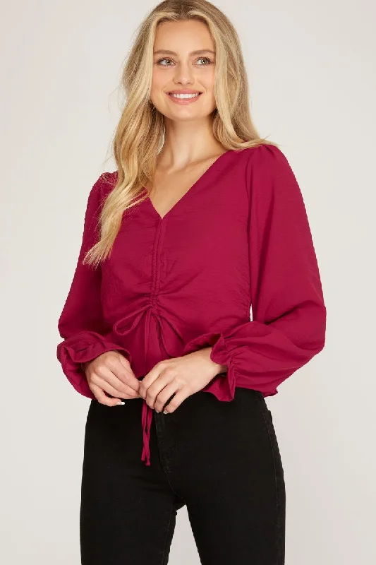 BERRY LONG SLEEVES DRAWSTRING RUCHED FRONT BACK SMOCKING TOP S8SS8870