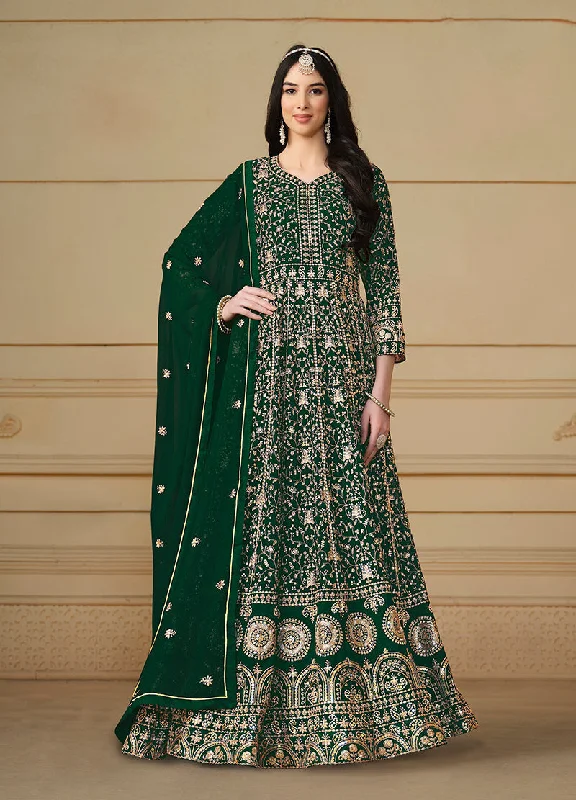 Women's Faux Georgette Embroidered Green Anarkali Salwar Suit - Monjolika