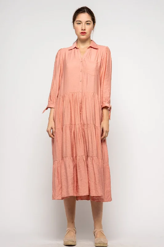 BLUSH COLLARED BUTTON DOWN RUFFLED MAXI DRESS MDR8829