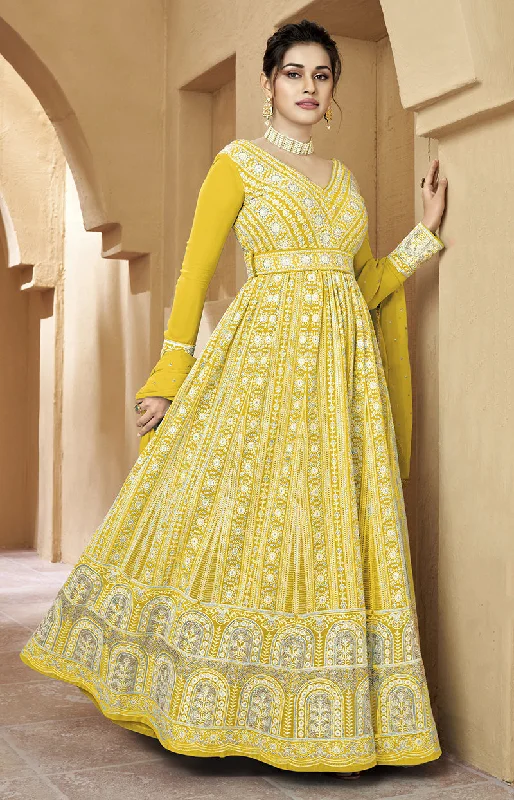 Women's Yellow Georgette Semi Stitched Embroidered Palazzo Suit - Monjolika