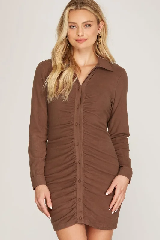 MOCHA BRUSHED STRETCH KNIT BUTTON DOWN SHIRRED SHIRT MINI DRESS SS8731