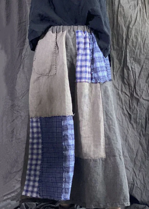 Comfortable Daywear Bohemian Colorblock Wrinkled Pockets Patchwork Linen Skirts Spring