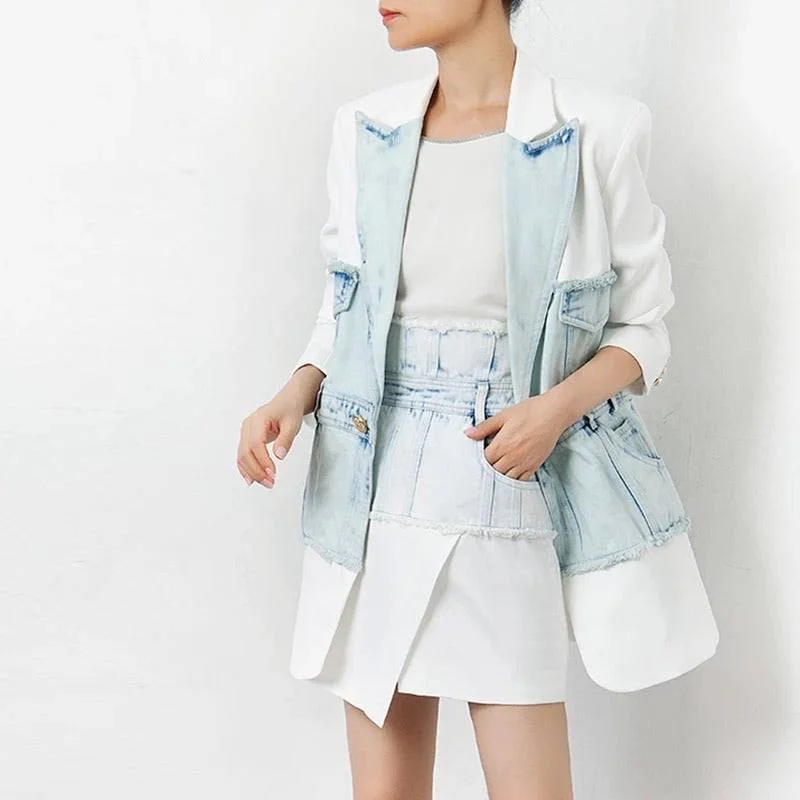 Half Denim Half Solid Long Blazer