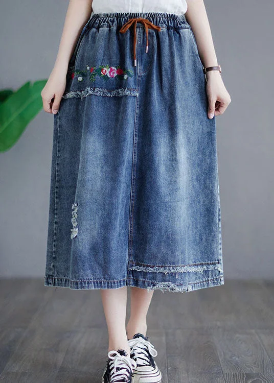 Comfortable Daywear Style Blue Embroideried Pockets Elastic Waist Patchwork Cotton Skirt Summer