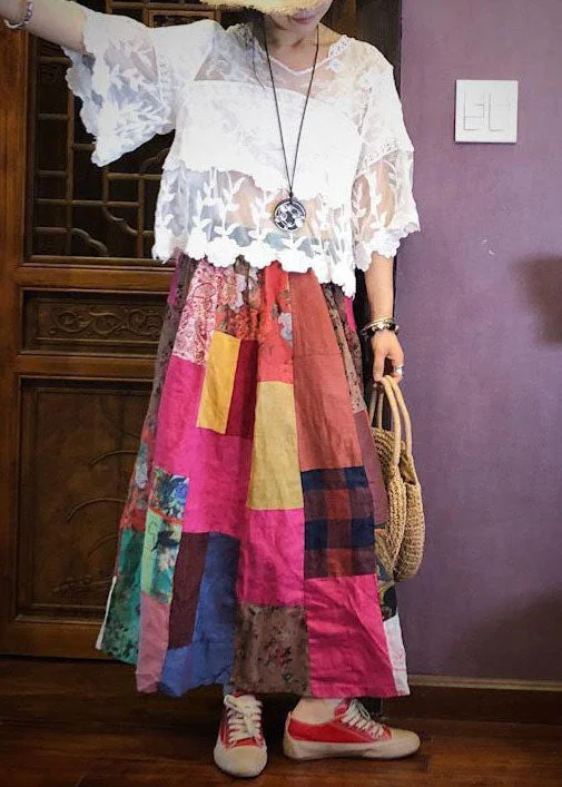 Comfortable Daywear Art Colorblock Wrinkled Print Patchwork Exra Large Hem Linen Skirts Summer