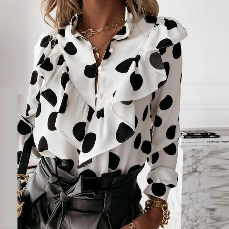 Women's Polyester V-Neck Long Sleeves Dotted Pattern Blouse