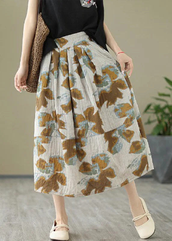 Comfortable Daywear Diy Khaki Print Patchwork Pockets Cotton Pleated Skirt Summer